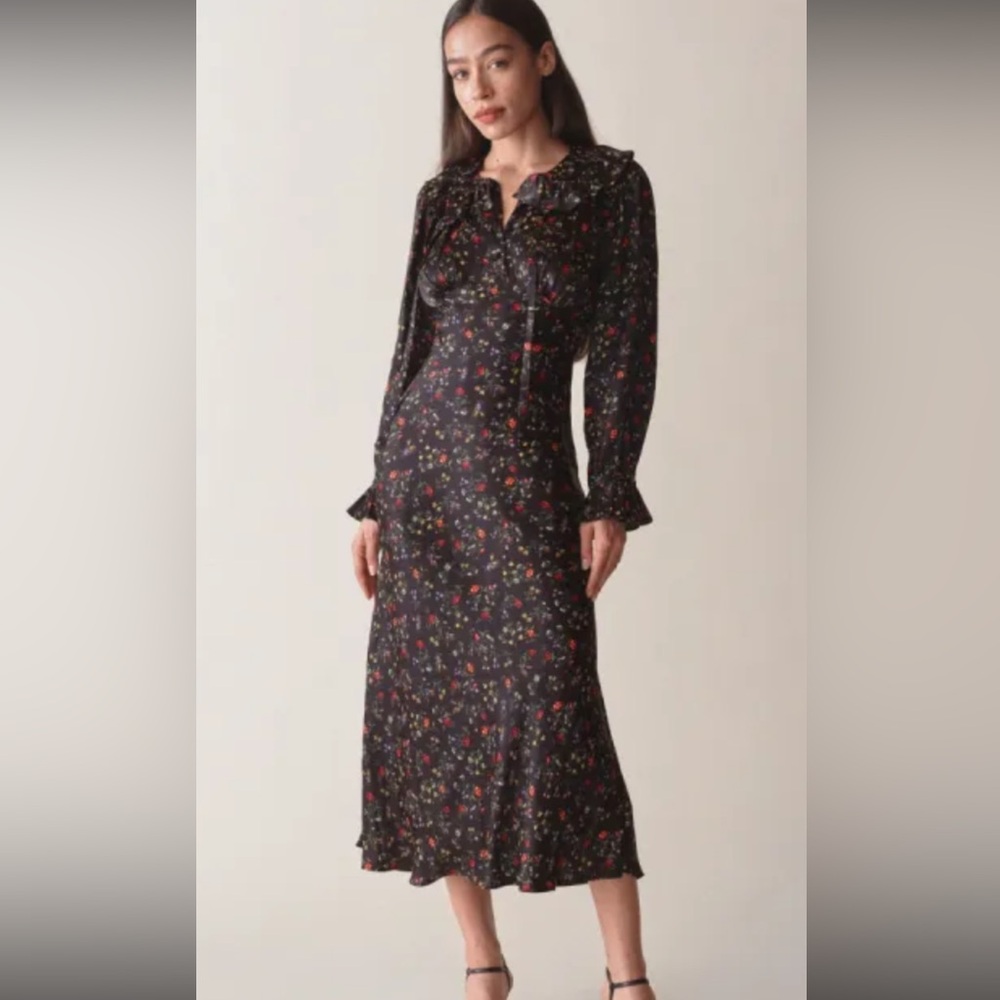 Doen Black Floral Long-Sleeve Midi Dress